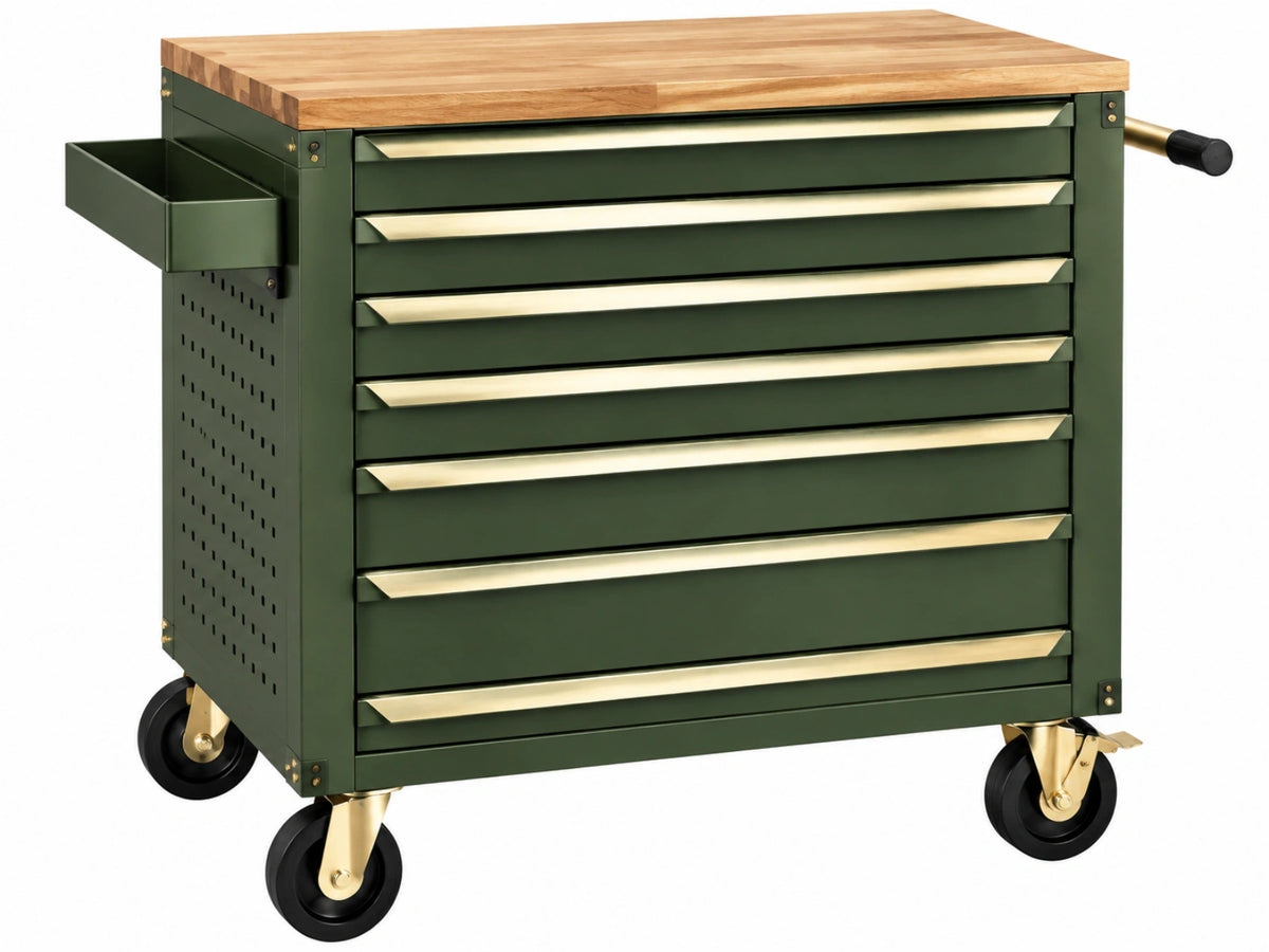 Gereedschapswagen 120 x 50 x 95 cm staal groen met houten werkblad en 7 laden verrijdbaar