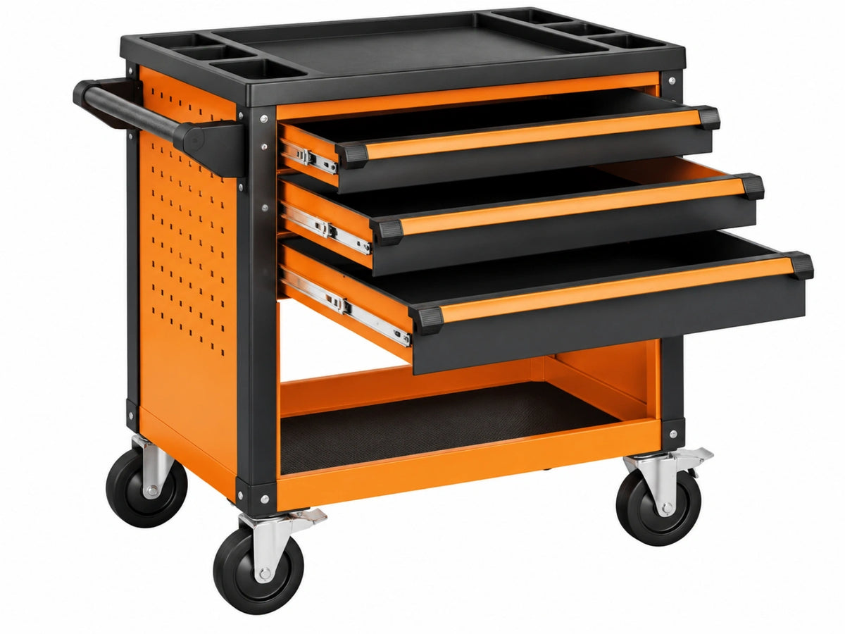 Gereedschapswagen 85 x 45 x 95 cm staal zwart/oranje met 3 laden en wielen
