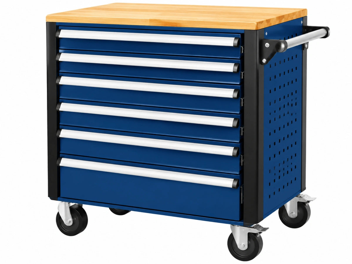 Gereedschapswagen 77 x 46 x 97 cm staal en hout blauw met 7 laden