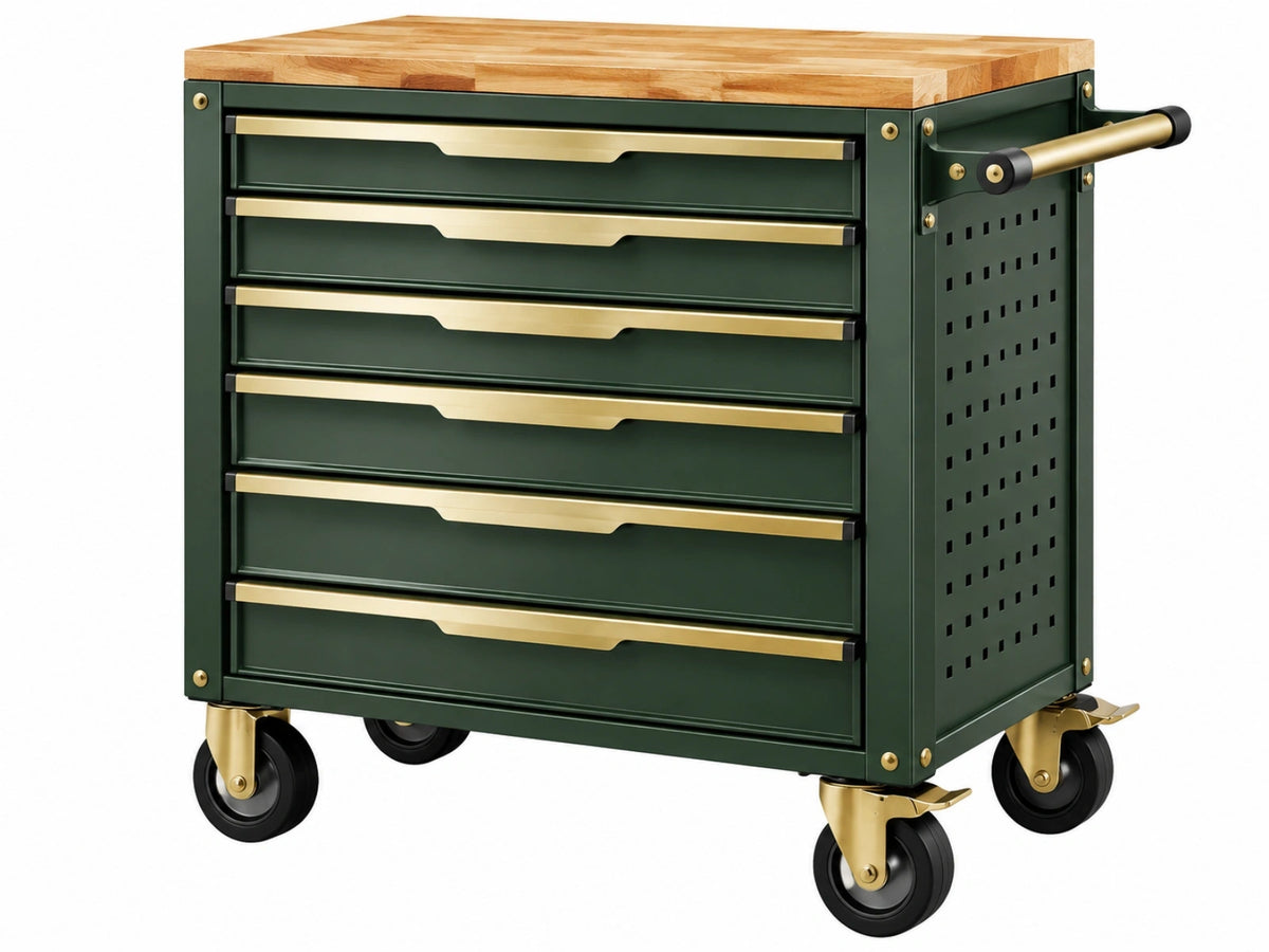 Gereedschapswagen 80 x 45 x 95 cm - staal en hout groen - 6 laden met wielen