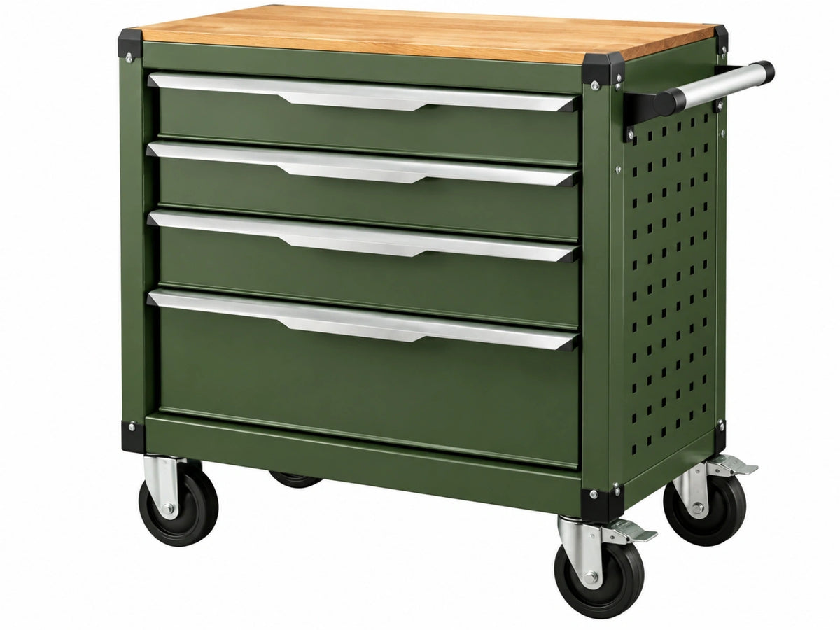 Gereedschapswagen 78 x 46 x 97 cm staal groen met houten werkblad en vier laden