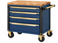 Gereedschapswagen 90 x 50 x 95 cm staal en houten blad blauw goudkleurig met 4 laden
