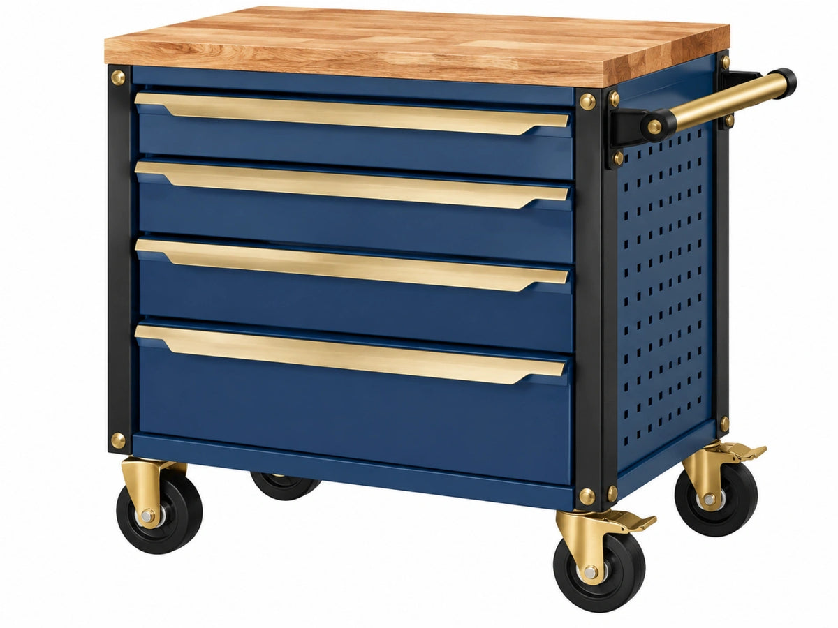 Gereedschapswagen 90 x 50 x 95 cm staal en houten blad blauw goudkleurig met 4 laden