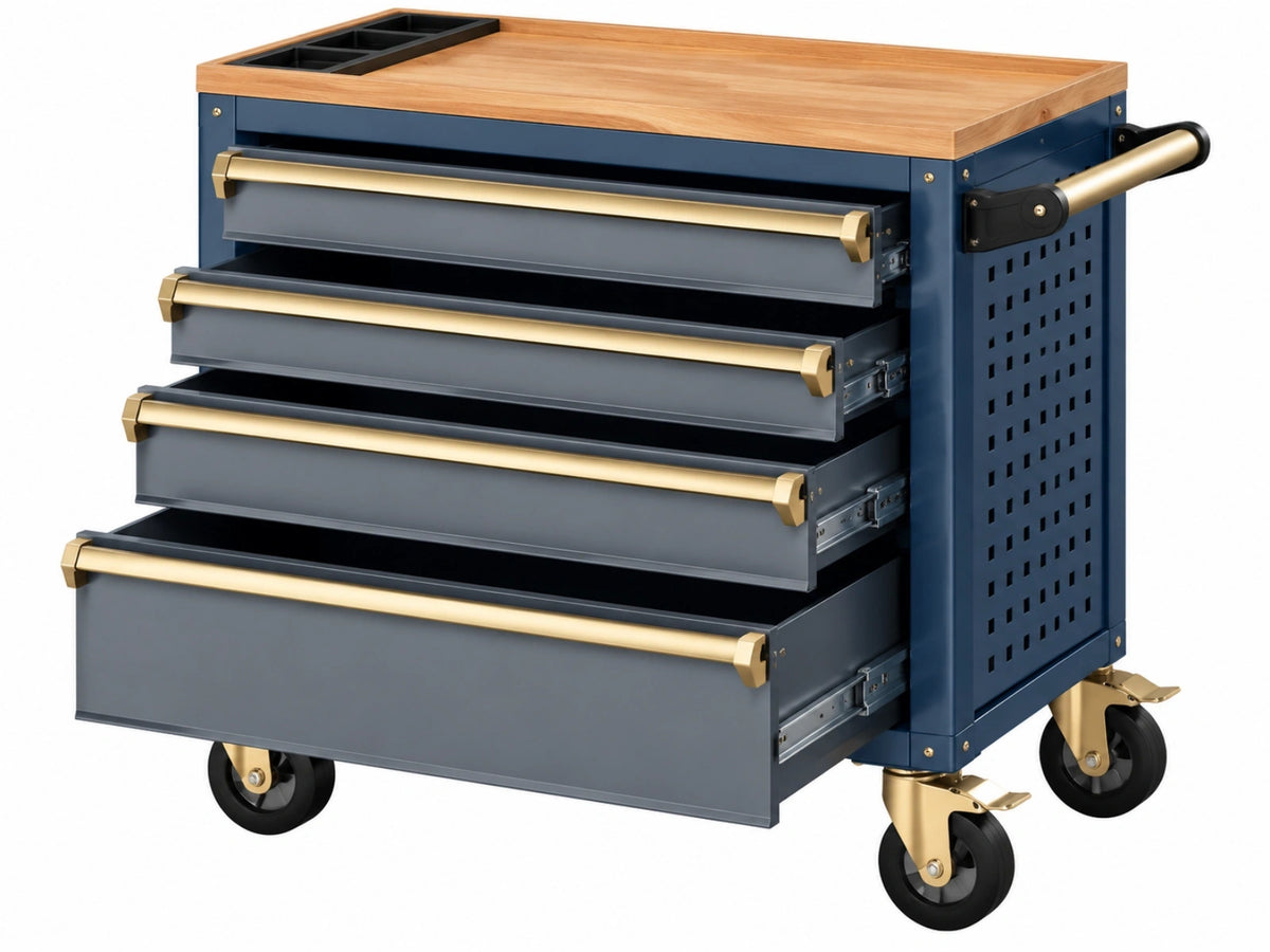 Gereedschapswagen 85 x 46 x 98 cm staal blauw met houten werkblad en 4 laden