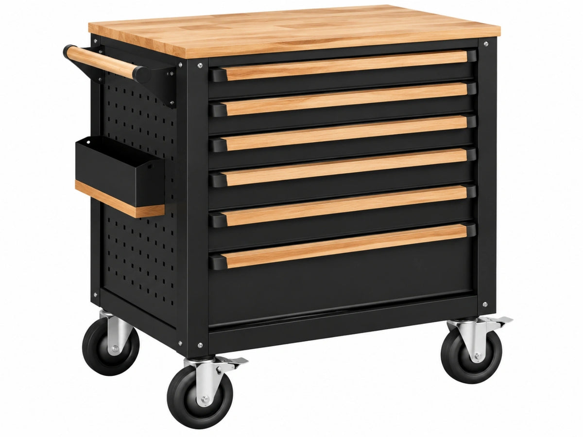 Gereedschapswagen 100 x 48 x 95 cm - staal en hout zwart/naturel met 6 laden