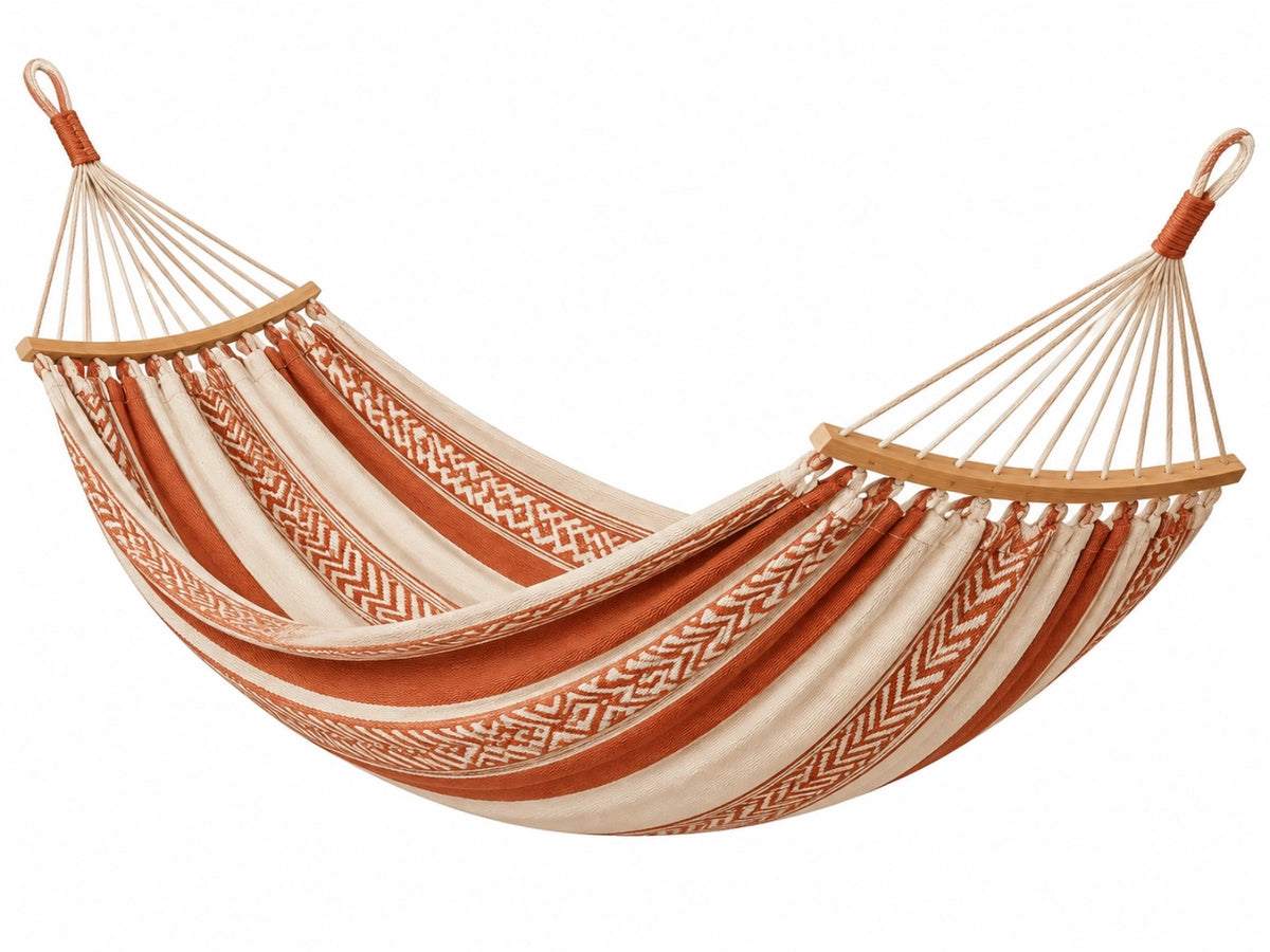 Hangmat 200 x 100 cm katoen beige terracotta - gestreept met houten spreidstokken