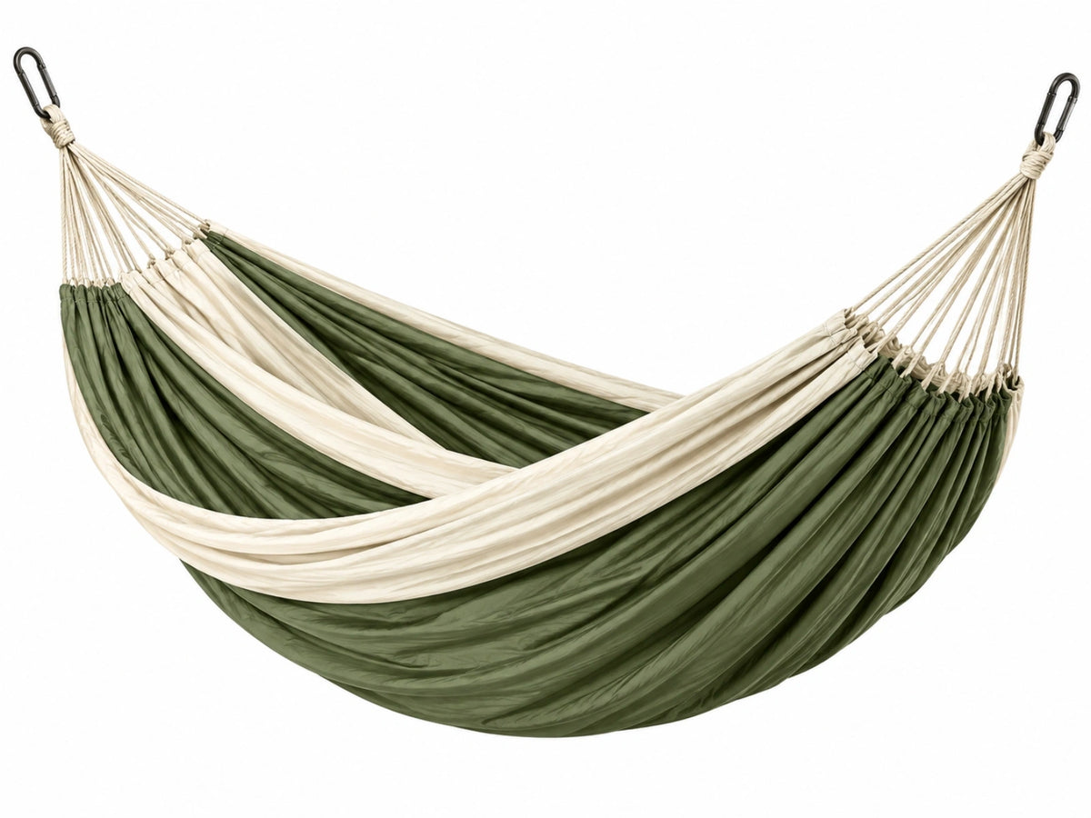 Hangmat 200 x 150 cm van katoen groen/crème - met karabijnhaken voor binnen en buiten