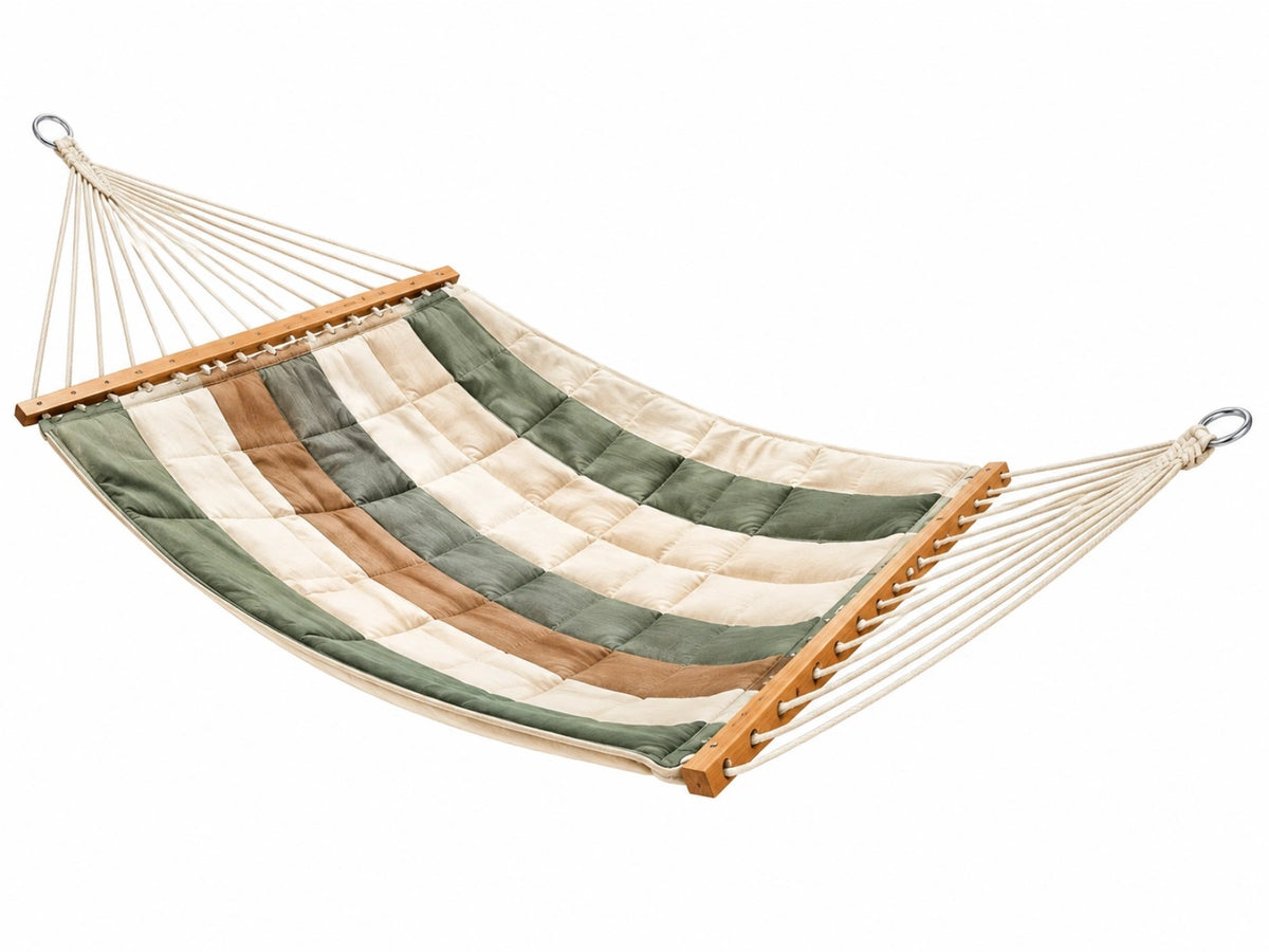 Hangmat 200 x 140 cm textiel groen crème bruin - gewatteerd met houten spreidstokken
