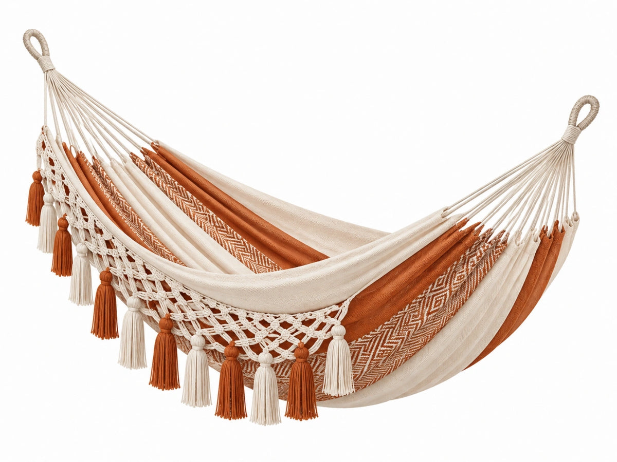 Hangmat 300 x 100 cm katoentextiel terracotta/crème boho met franjes