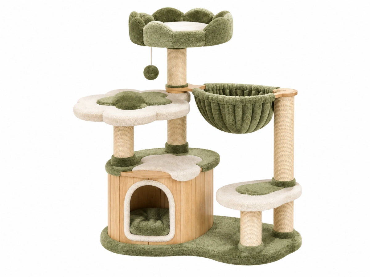 Kattenkrabpaal 100 x 60 x 150 cm groen beige sisal pluche met kattenhuis hangmat en ligplaatsen