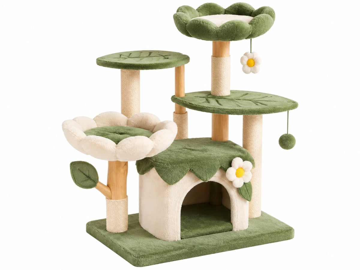 Krabpaal 60 x 50 x 120 cm groen crème pluche sisal met kattenhuis en ligplaatsen