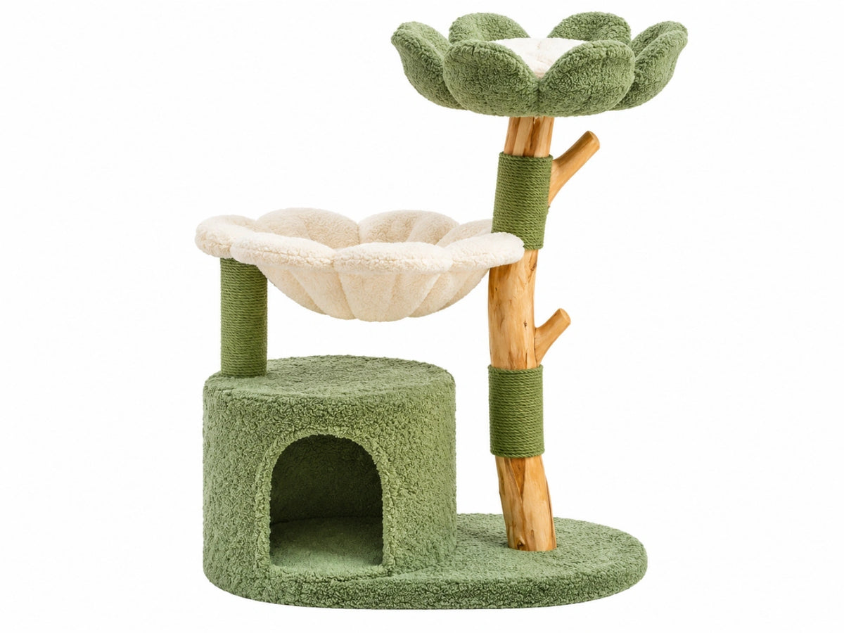 Kattenkrabpaal 60 x 50 x 120 cm groen/crème met pluche en hout - klim- en rustmeubel