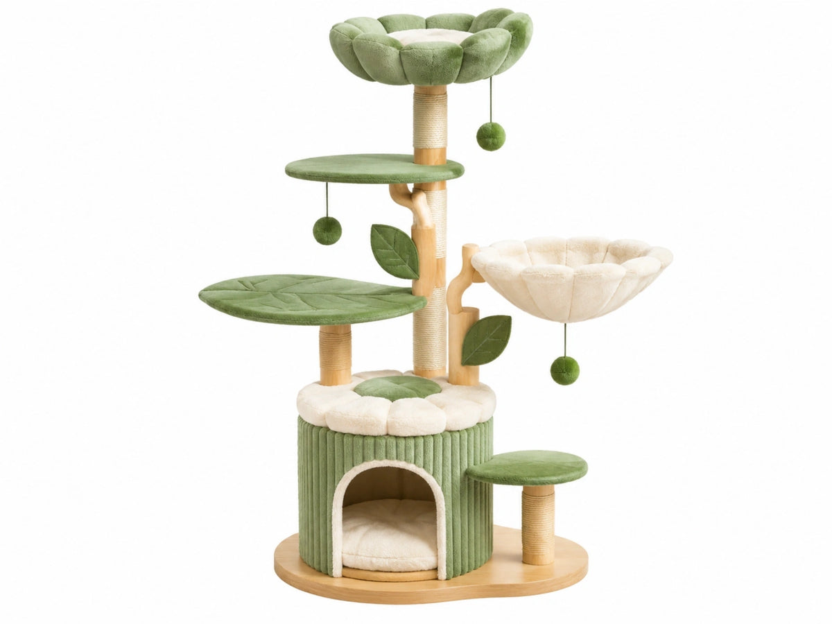 Kattenkrabpaal 60 x 50 x 150 cm groen crème met sisal en pluche - bloemenstijl met slaapplaatsen