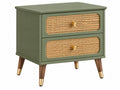 Nachtkastje 60 x 40 x 60 cm groen hout met rotan - 2 laden retrostijl
