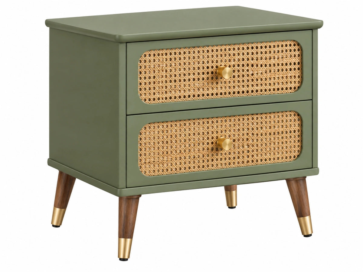 Nachtkastje 60 x 40 x 60 cm groen hout met rotan - 2 laden retrostijl
