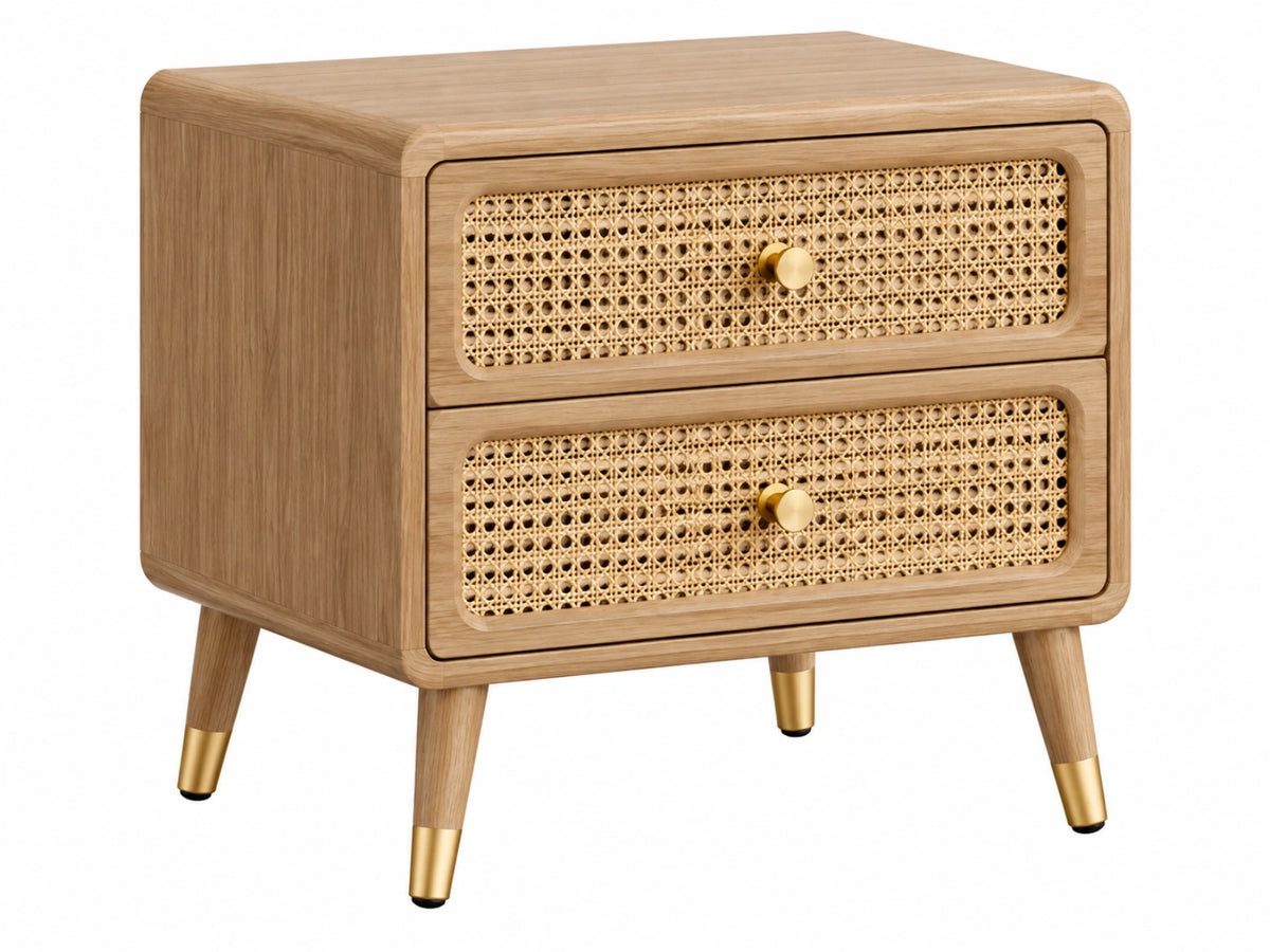 Nachtkastje 45 x 40 x 55 cm hout naturel met rotan 2 laden