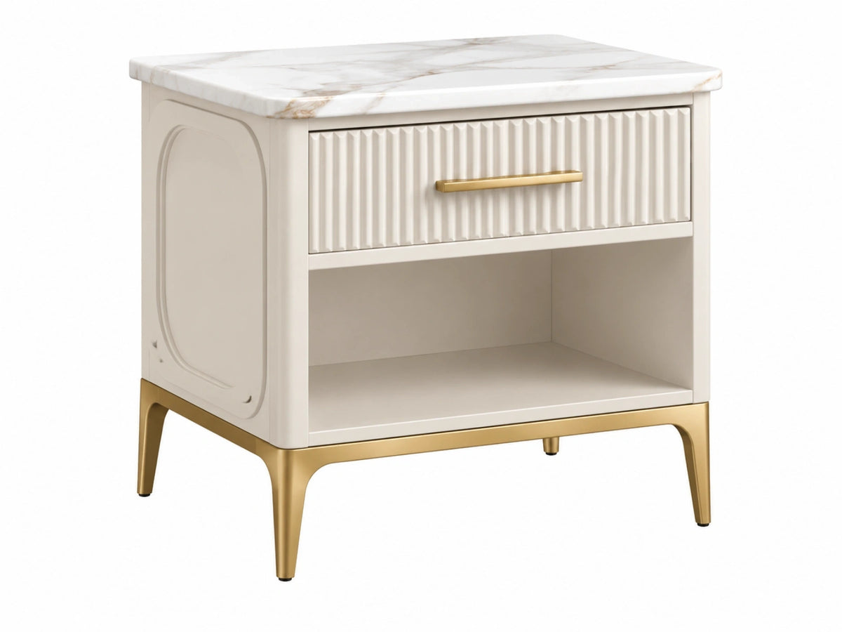 Nachtkastje 50 x 40 x 55 cm crème plaatmateriaal met marmerlook - modern met lade en open vak