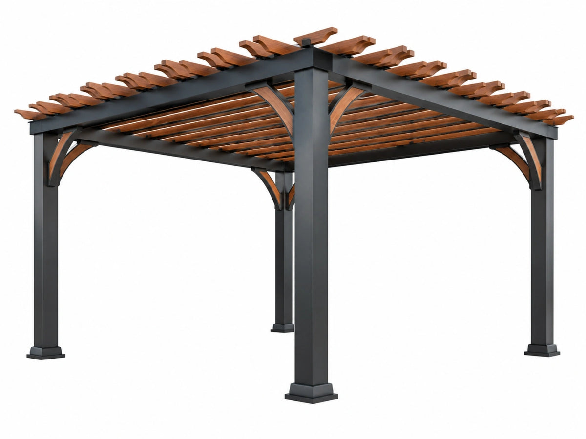 Pergola 300 x 300 cm zwart bruin met metalen frame en houten latten - industriële tuinoverkapping