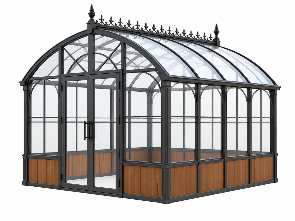 Tuinkas 300 x 250 x 280 cm zwart staal en glas met houten panelen