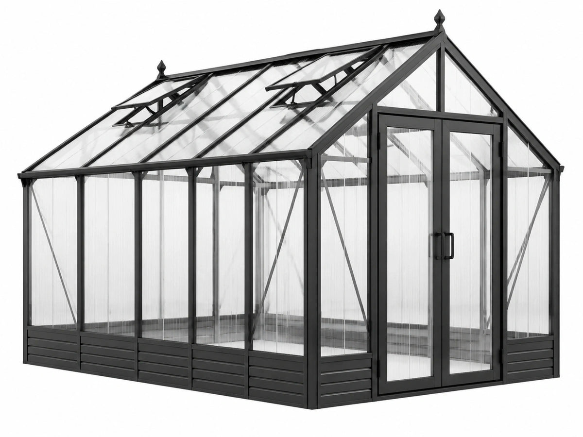 Tuinkas 300 x 190 x 200 cm aluminium zwart met transparante polycarbonaatpanelen en dakramen